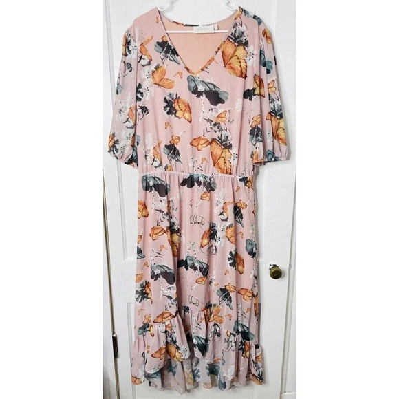 LaBellum Hillary Scott Maxi Dress XL Butterfly Cottagecore Floral Riffle Chiffon - Picture 1 of 9